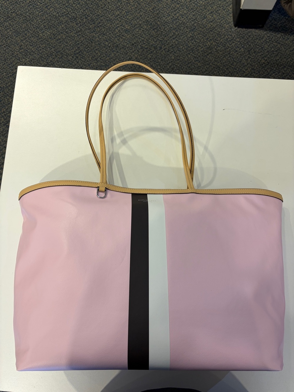Tory Burch The Racer Tote with Center Stripe and Tan Handles Rose Mist